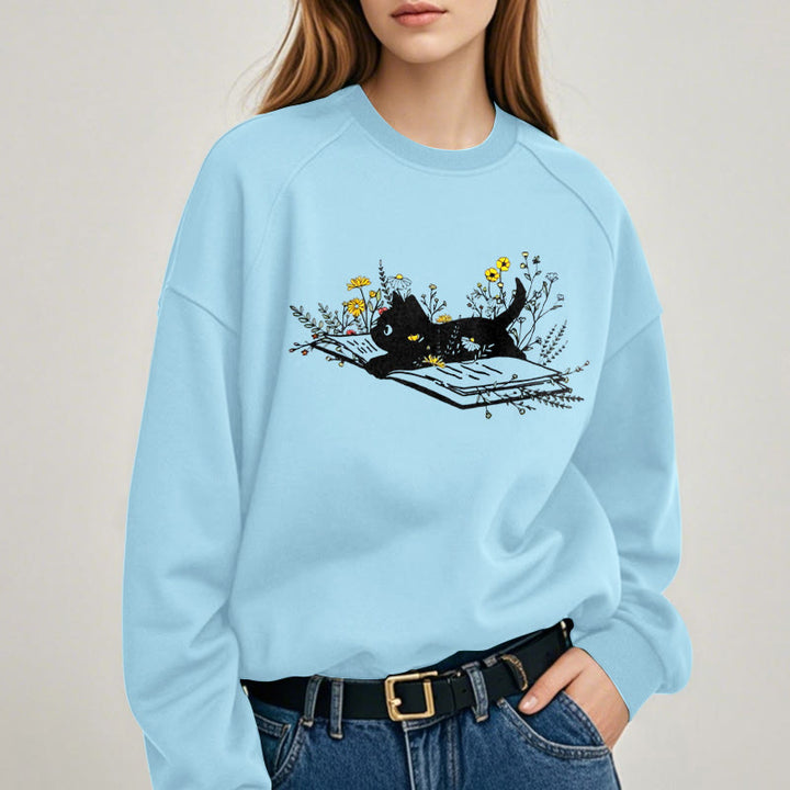 CAT ON BOOK Womens Teachers Crewneck Sweatshirt Pullover