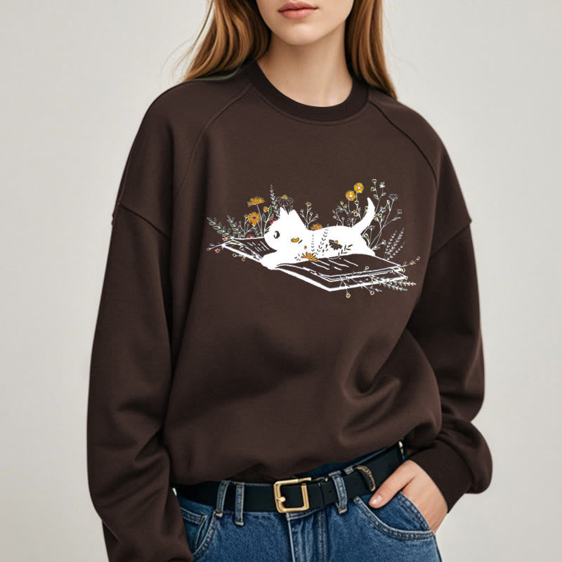 CAT ON BOOK Womens Teachers Crewneck Sweatshirt Pullover