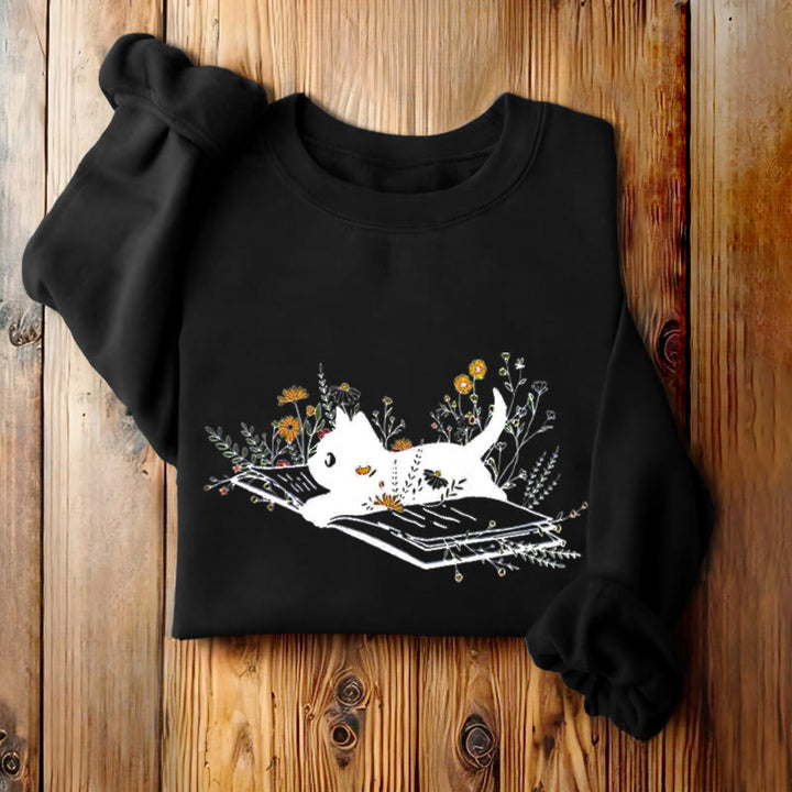 CAT ON BOOK Womens Teachers Crewneck Sweatshirt Pullover