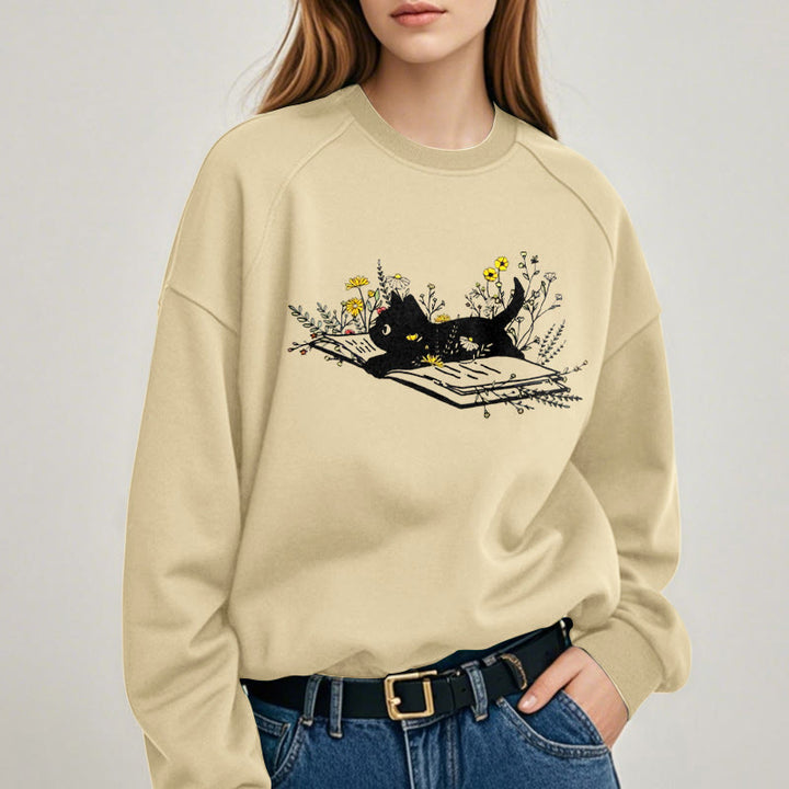 CAT ON BOOK Womens Teachers Crewneck Sweatshirt Pullover