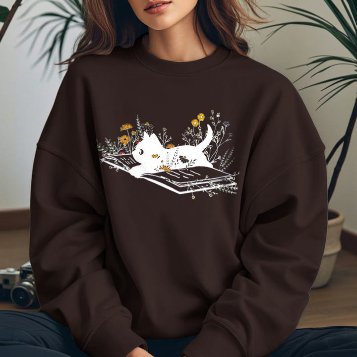 CAT ON BOOK Womens Teachers Crewneck Sweatshirt Pullover