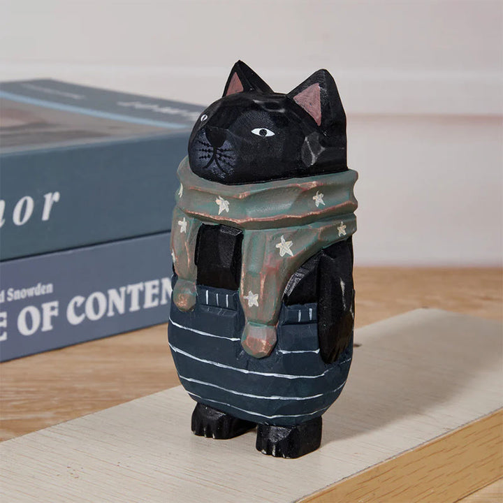 Standing Cat Carved Wooden Sculpture Desktop Deocr Keychain For Gift