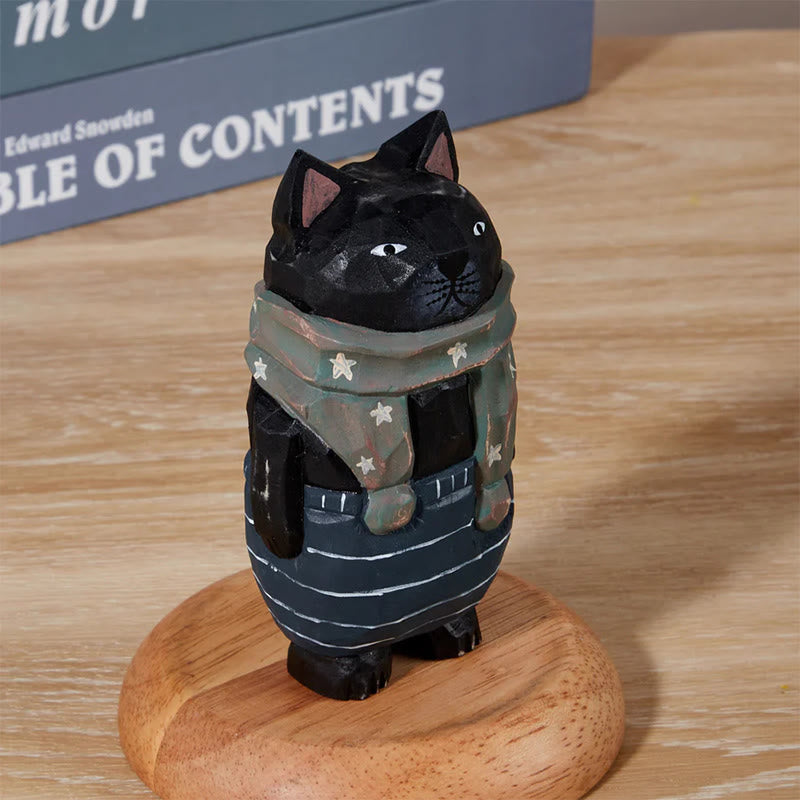 Standing Cat Carved Wooden Sculpture Desktop Deocr Keychain For Gift
