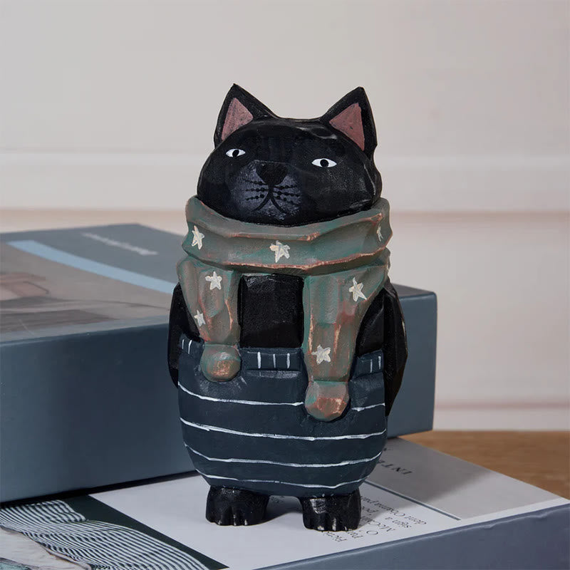 Standing Cat Carved Wooden Sculpture Desktop Deocr Keychain For Gift