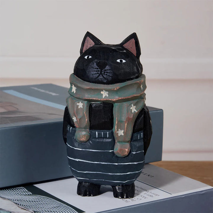 Standing Cat Carved Wooden Sculpture Desktop Deocr Keychain For Gift