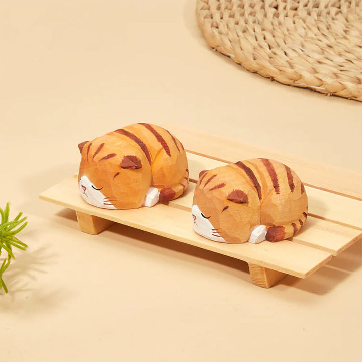 Sleeping Cat Carved Wooden Sculpture Desktop Deocr Keychain For Gift