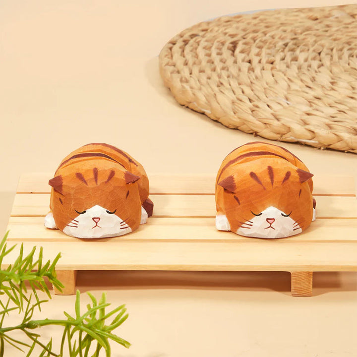 Sleeping Cat Carved Wooden Sculpture Desktop Deocr Keychain For Gift