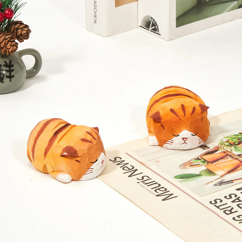Sleeping Cat Carved Wooden Sculpture Desktop Deocr Keychain For Gift