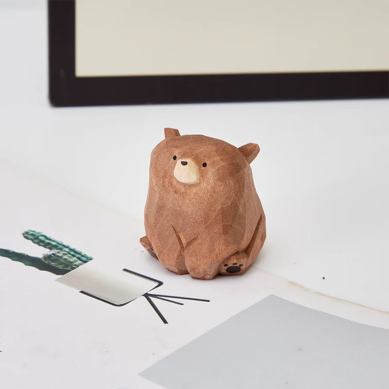 Sitting Bear Carved Wooden Sculpture Desktop Deocr Keychain For Gift