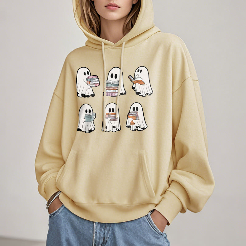 Ghost Reading Books Fleece Lined Hoodie Long Sleeves Hoodie