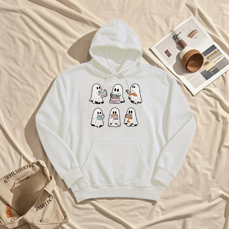 Ghost Reading Books Fleece Lined Hoodie Long Sleeves Hoodie