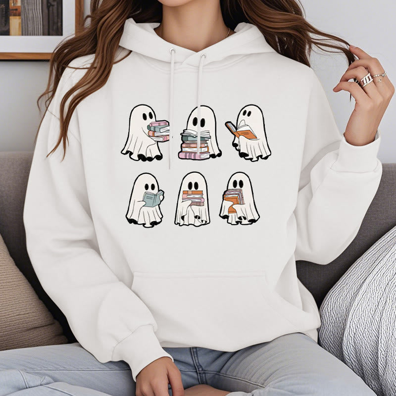 Ghost Reading Books Fleece Lined Hoodie Long Sleeves Hoodie