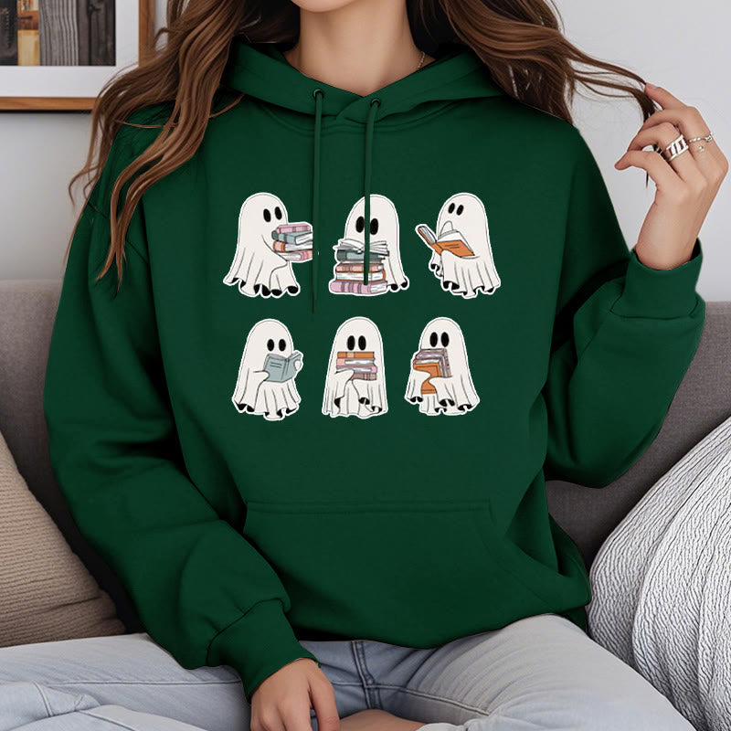 Ghost Reading Books Fleece Lined Hoodie Long Sleeves Hoodie