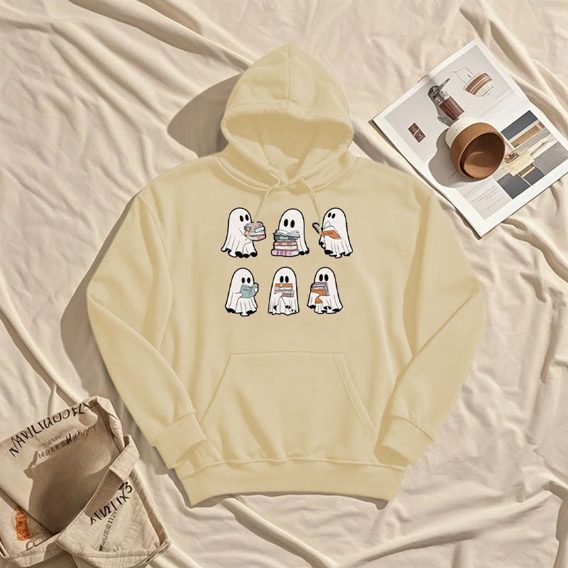 Ghost Reading Books Fleece Lined Hoodie Long Sleeves Hoodie