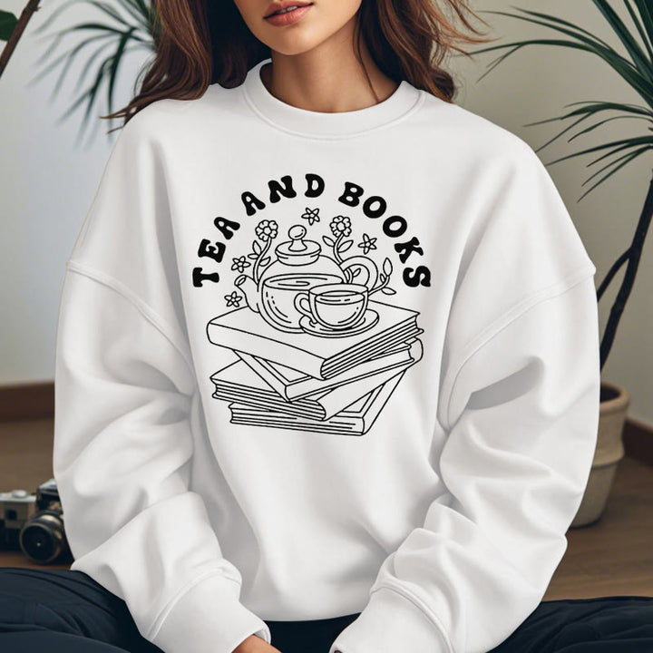 TEA AND BOOKS Womens Crewneck Sweatshirt Pullover