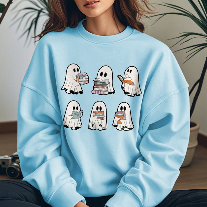 Cute Ghosts And Books Womens Crewneck Sweatshirt Pullover