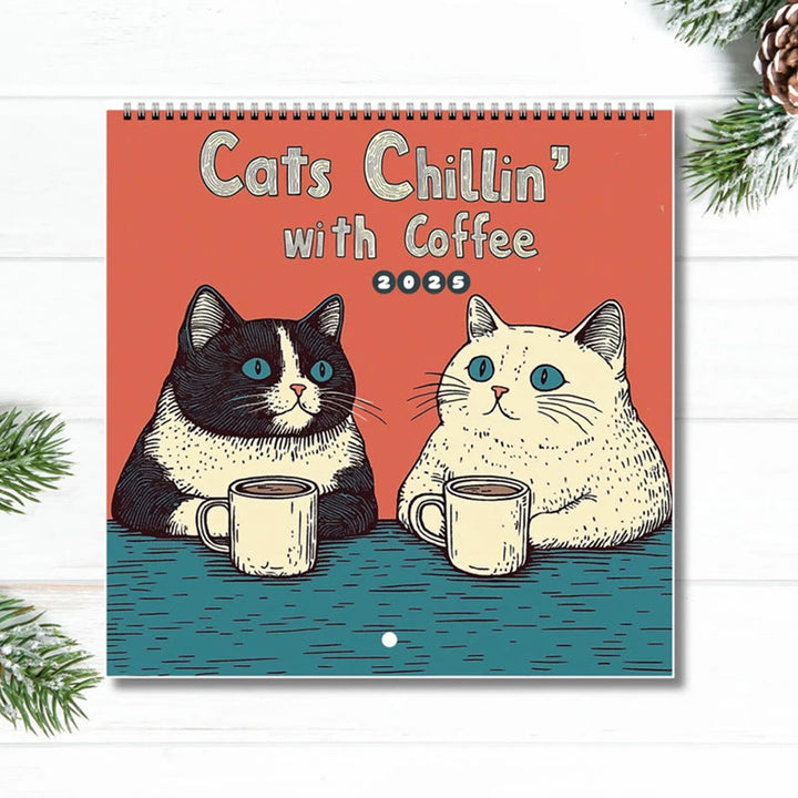 2025 Cats Chillin' With Coffee Lunar Calendar 12 Months Calendars New Year Gift