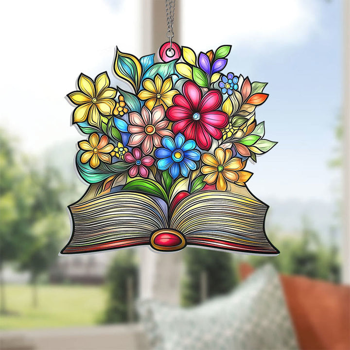 Book Flowers Stained Acrylic Window Hangings Suncatcher Panel For Home Decor
