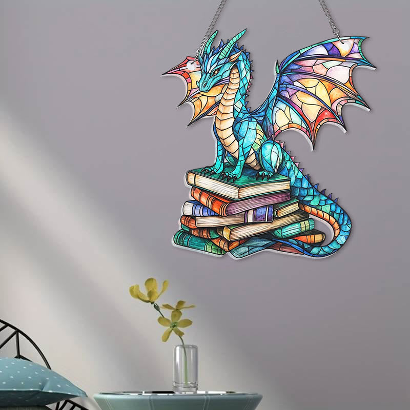 Dragon In Books Stained Acrylic Window Hangings Suncatcher Panel For Home Decor