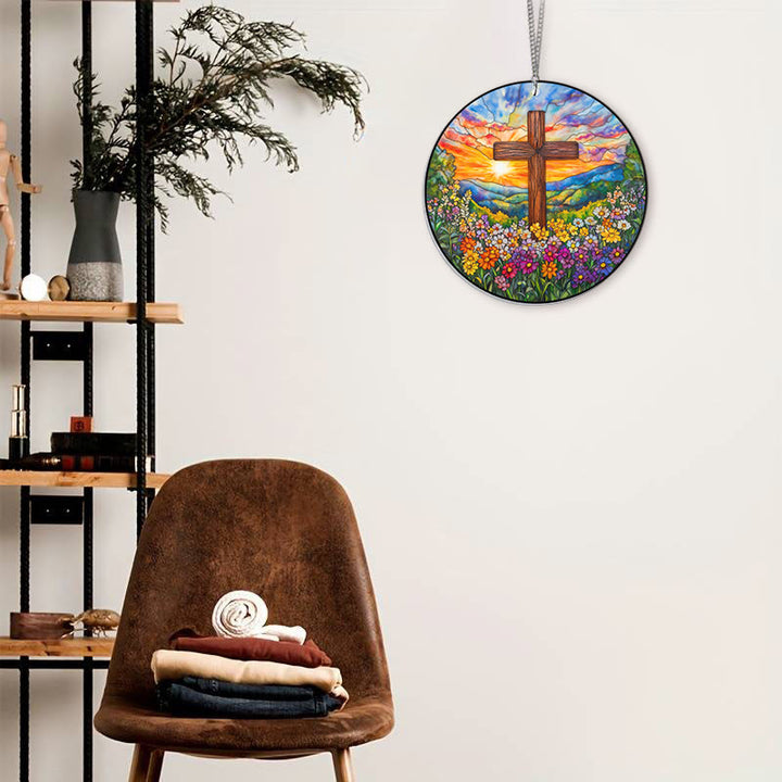 Cross In Sunset Stained Acrylic Window Hangings Suncatcher Panel For Home Decor