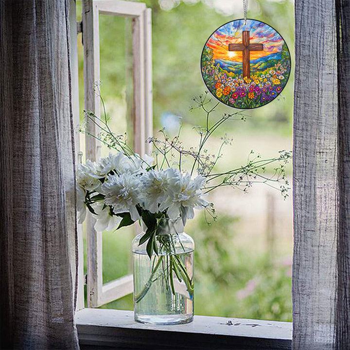 Cross In Sunset Stained Acrylic Window Hangings Suncatcher Panel For Home Decor