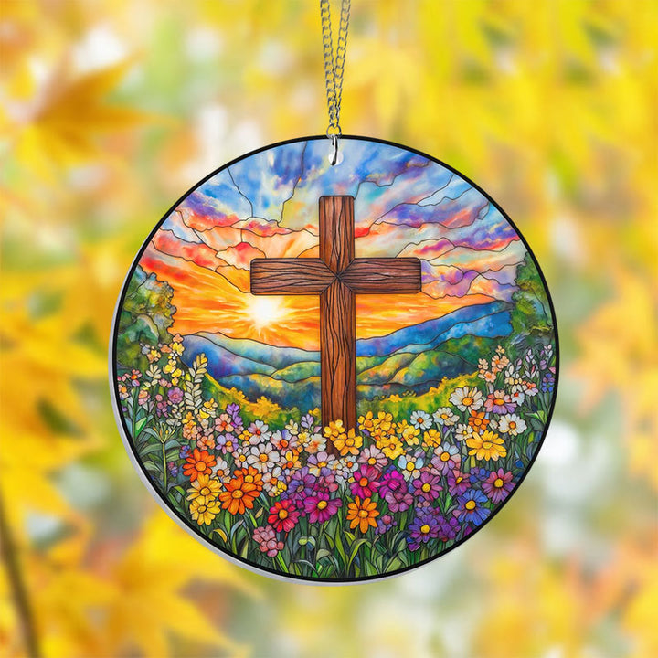 Cross In Sunset Stained Acrylic Window Hangings Suncatcher Panel For Home Decor