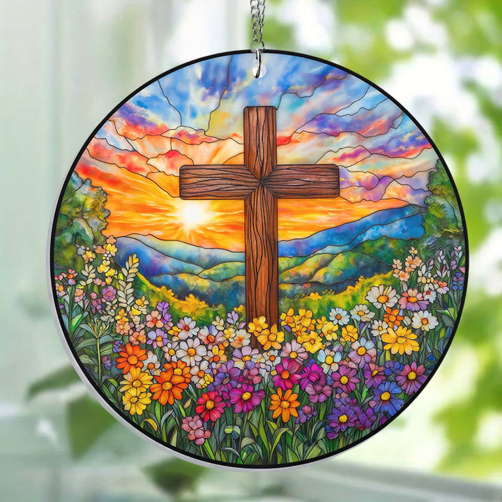 Cross In Sunset Stained Acrylic Window Hangings Suncatcher Panel For Home Decor