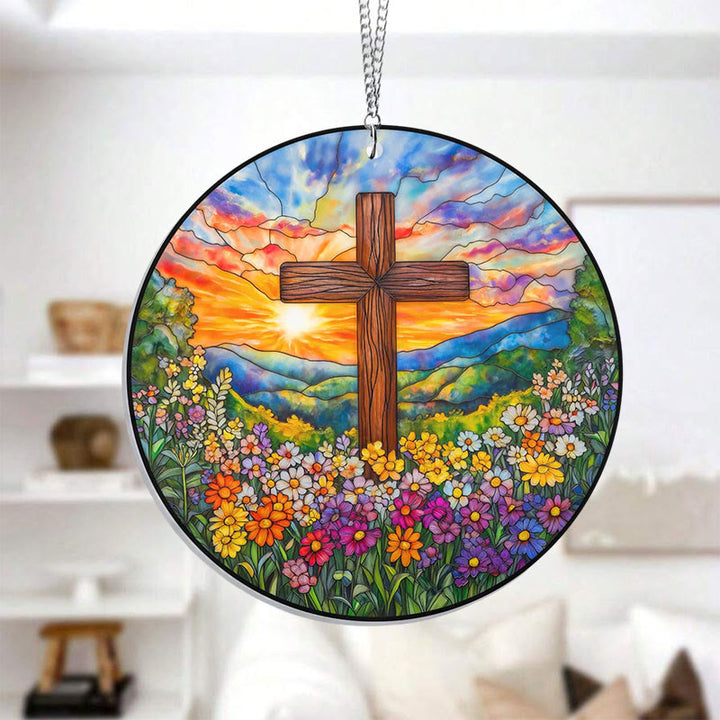 Cross In Sunset Stained Acrylic Window Hangings Suncatcher Panel For Home Decor