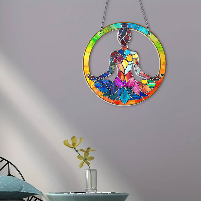 Women Meditation Stained Acrylic Window Hangings Suncatcher Panel For Home Decor