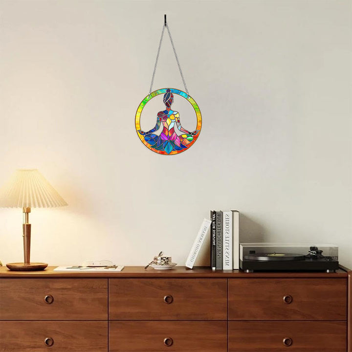 Women Meditation Stained Acrylic Window Hangings Suncatcher Panel For Home Decor