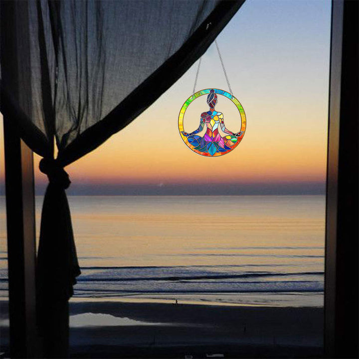 Women Meditation Stained Acrylic Window Hangings Suncatcher Panel For Home Decor