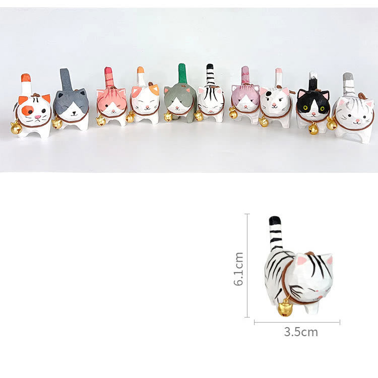 Cute Bell Cat Carved Wooden Sculpture Desktop Deocr For Gift