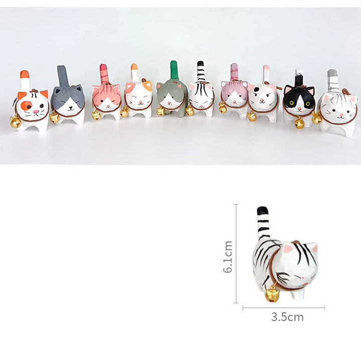 Cute Bell Cat Carved Wooden Sculpture Desktop Deocr For Gift