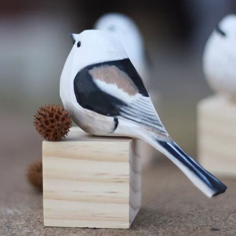 Long Tailed Tit Carved Wooden Sculpture Desktop Deocr For Gift