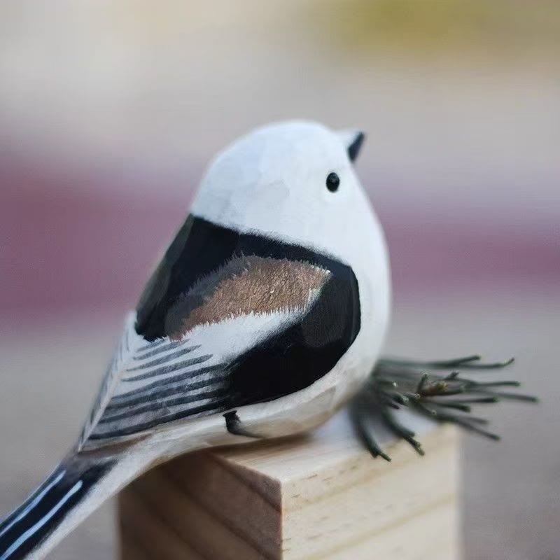 Long Tailed Tit Carved Wooden Sculpture Desktop Deocr For Gift