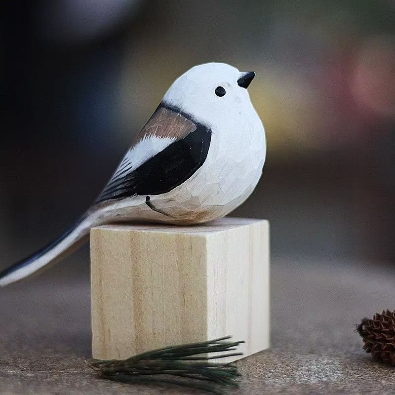 Long Tailed Tit Carved Wooden Sculpture Desktop Deocr For Gift