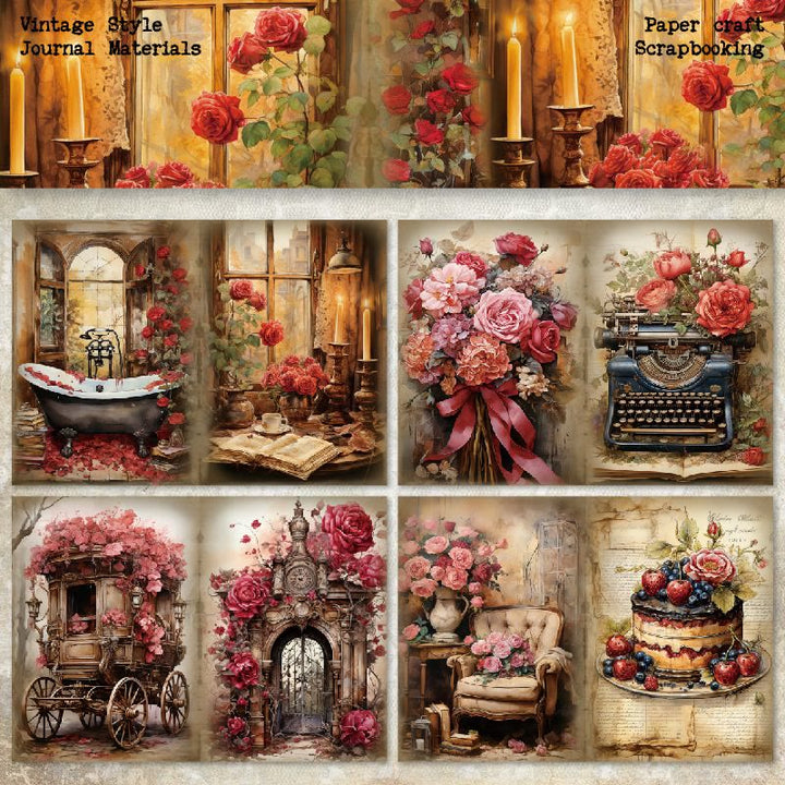 8pcs Rose House Series Scrapbook Paper For Decorative Journaling Paper