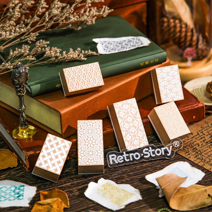Vintage Patter Wooden Rubber Stamps Floral Grains Set For Craft