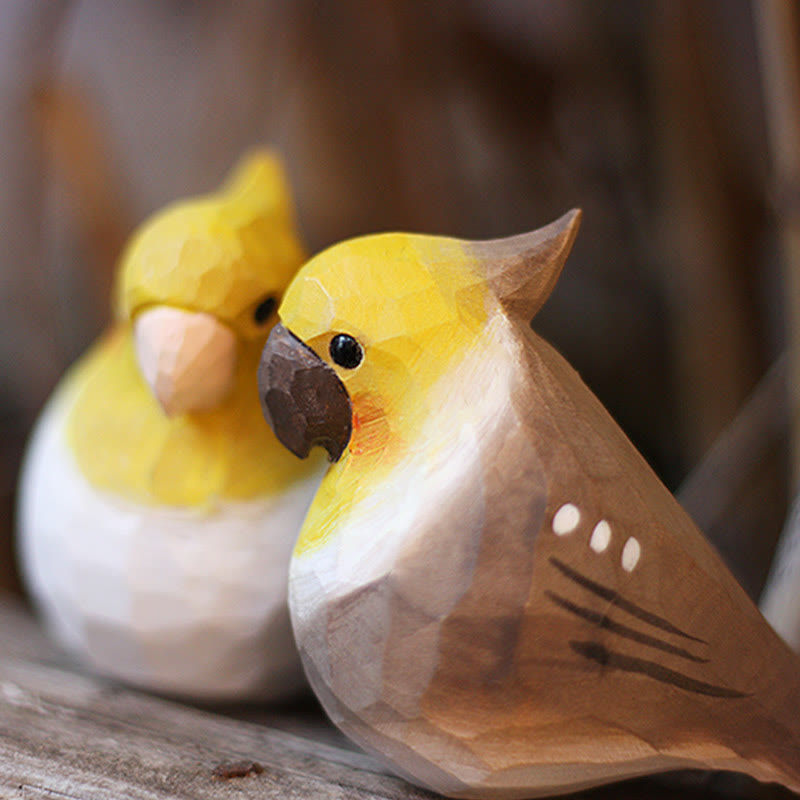 Wooden Bird Figurine Cockatiel Statue Animal Ornament Handmade Simulation