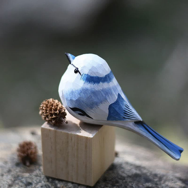 Wooden Bird Figurine Azure Tit Statue Animal Ornament Handmade Simulation