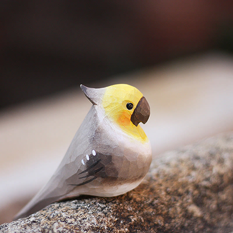 Wooden Bird Figurine Cockatiel Statue Animal Ornament Handmade Simulation