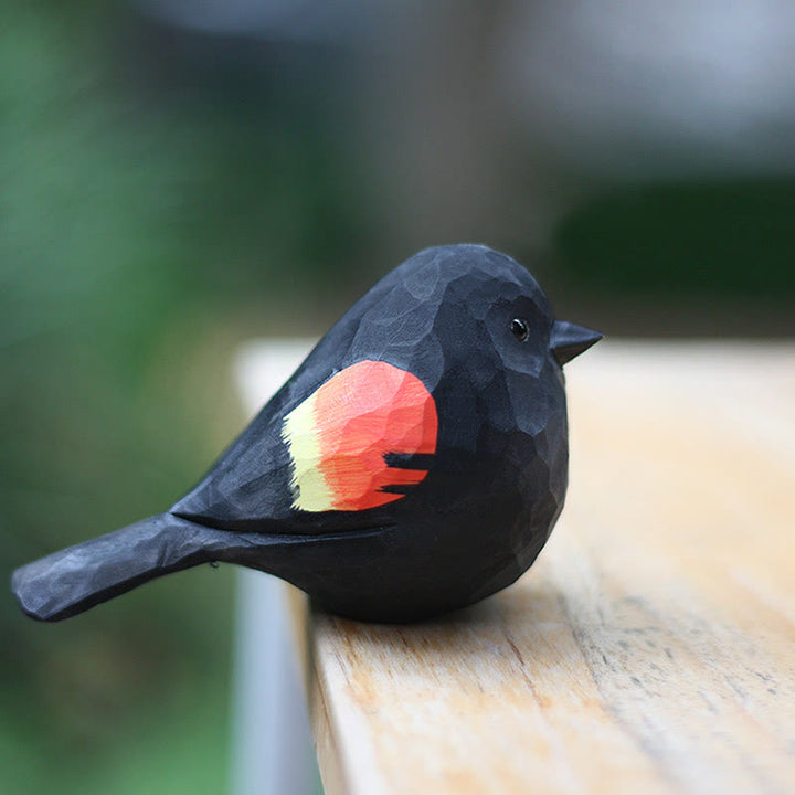 Wooden Bird Figurine Red-winged blackbird Statue Animal Ornament Handmade Simulation