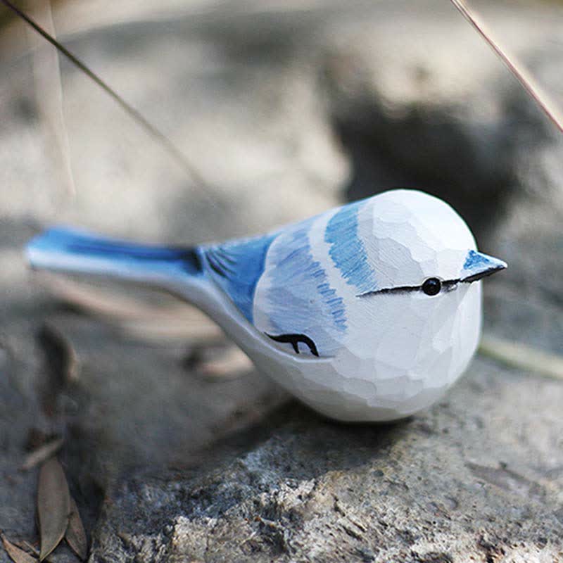 Wooden Bird Figurine Azure Tit Statue Animal Ornament Handmade Simulation